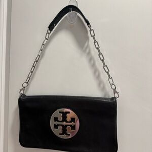 Tory Burch Black Leather Shoulder Bag with Silver Logo Medallion